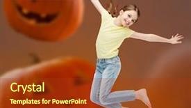  Presentation with diversity students friends happiness concept - Colorful presentation enhanced with little girl jumping over halloween backdrop and a tawny brown colored foreground