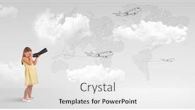  Presentation with airplane - Audience pleasing presentation design consisting of little girl looking through spyglass to airplane and map concept backdrop and a white colored foreground