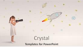  Presentation with rockets and space ships - PPT theme with little girl looking through spyglass to imaginary rockets and doodled space background and a sky blue colored foreground