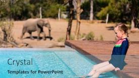  Presentation with safari - Audience pleasing presentation theme consisting of little girl on african safari vacation enjoying wildlife viewing from swimming pool backdrop and a light blue colored foreground