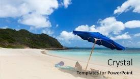  Presentation with sand ocean - PPT theme having little girl on picture perfect beach with blue umbrella white sand turquoise ocean water and blue sky at tropical island in caribbean background and a lemonade colored foreground