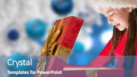  Presentation with christmas girl - Beautiful slides featuring little girl opening gift against christmas decorations hanging from branch backdrop and a teal colored foreground