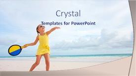  Presentation with vacation - PPT theme having little girl playing beach tennis on vacation background and a sky blue colored foreground