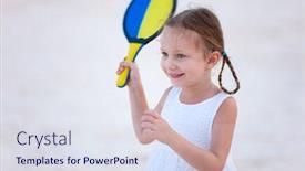 Presentation with vacation - Amazing PPT theme having little girl playing beach tennis on vacation backdrop and a sky blue colored foreground