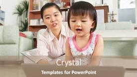  Presentation with nanny - Audience pleasing PPT theme consisting of little girl playing laptop with her mother or nanny on background studying backdrop and a coral colored foreground