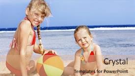  Presentation with beach ball - PPT theme consisting of playing on beach with ball background and a coral colored foreground