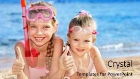  Presentation with girl running on the beach clouds - Cool new PPT theme with kids travel - little girl playing on beach backdrop and a coral colored foreground