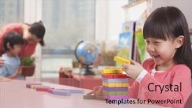  Presentation with colour blocking building blocks - Presentation design consisting of little girl playing with blocks background and a  colored foreground