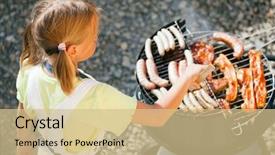  Presentation with grill - Presentation having little girl preparing meat and sausages using a barbecue grill background and a soft green colored foreground