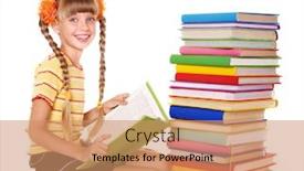  Presentation with girl reading - Slide deck with little girl reading pile of books isolated background and a coral colored foreground