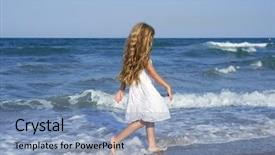  Presentation with sea shore - Colorful PPT theme enhanced with little girl running beach shore splashing water in blue sea backdrop and a light blue colored foreground