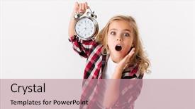  Presentation with alarm - Beautiful presentation theme featuring little girl showing alarm clock backdrop and a coral colored foreground