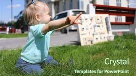  Presentation with airport boarding board - Slides with little girl sits on grass background and a tawny brown colored foreground