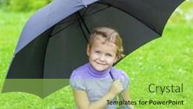  Presentation with under umbrella - Slides having little girl sits under a black umbrella in the summer park background and a yellow colored foreground