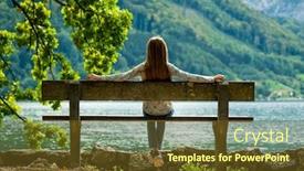  Presentation with tree river - Beautiful presentation theme featuring little girl sitting on the wooden bench near big green tree and looking on the river scenery backdrop and a tawny brown colored foreground