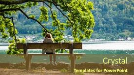  Presentation with tree river - Cool new presentation theme with little girl sitting on the wooden bench near big green tree and looking on the river scenery backdrop and a tawny brown colored foreground