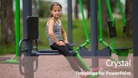  Presentation with public - Slide deck enhanced with little girl sitting on a public trainer-machine on the playground background and a coral colored foreground