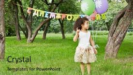  Presentation with happy birthday - Presentation design consisting of little girl stands in park holding three air balloons in her hand happy birthday sign behind her back background and a seafoam green colored foreground