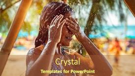  Presentation with cold water - Beautiful presentation theme featuring little girl taking shower on the beach pretty child with pleasure refreshing in cold water enjoying summer vacation on the beach resort backdrop and a tawny brown colored foreground