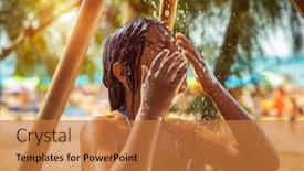  Presentation with pretty girl - PPT theme with little girl taking shower on the beach pretty child with pleasure refreshing in cold water enjoying summer vacation on the beach resort background and a coral colored foreground