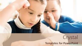  Presentation with neighbor - Cool new slide deck with little girl tells the answer to her neighbor at the table at lesson backdrop and a lemonade colored foreground