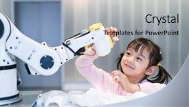  Presentation with robot arm - Slide deck consisting of little girl touching a robot background and a light gray colored foreground