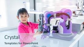  Presentation with robot arm - Presentation consisting of little girl touching a robot background and a sky blue colored foreground