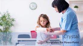  Presentation with female doctor - Cool new PPT theme with little-girl-visiting-old-female backdrop and a light blue colored foreground