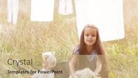  Presentation with outdoor games - Theme having little girl wash retro doll clothes and playing with her funny puppy summer nature outdoor washing children's games kid's leisure pet play with dog vintage style background and a coral colored foreground