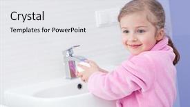  Presentation with hand washing - PPT theme featuring little girl washing hands background and a white colored foreground