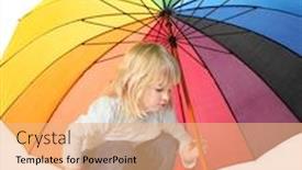  Presentation with under umbrella - Slides with little girl wearing jeans and shirt is sitting under a colored umbrella isolated background and a coral colored foreground