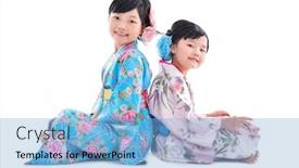  Presentation with kimono - Slide deck having little girl wearing kimono sitting back to back isolated background and a light blue colored foreground
