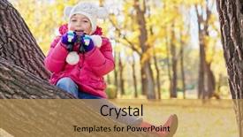  Presentation with binocular - Presentation theme with little girl with binocular sits on inclined tree trunk in autumn park background and a yellow colored foreground