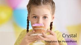  Presentation with cute birthday - Audience pleasing PPT theme consisting of little girl with birthday cake backdrop and a coral colored foreground
