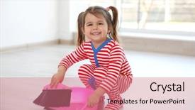  Presentation with kitchen - Colorful PPT layouts enhanced with little girl with broom backdrop and a coral colored foreground
