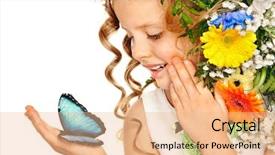  Presentation with monarch butterfly isolated on white - Colorful slide deck enhanced with little girl with flower hairstyle backdrop and a coral colored foreground