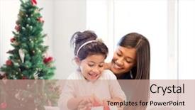 Presentation with living room family - PPT theme having little girl with gift background and a coral colored foreground