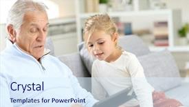  Presentation with hipster girl playing tetris game - Theme having little girl with grandpa playing background and a sky blue colored foreground