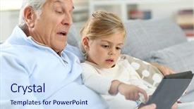  Presentation with hipster girl playing tetris game - Cool new theme with little girl with grandpa playing backdrop and a  colored foreground