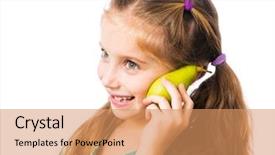  Presentation with pear - Beautiful slide set featuring little girl with half pear as mobile phone on a white background backdrop and a coral colored foreground
