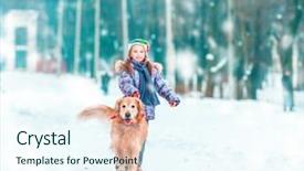  Presentation with snow blizzard in winter - Slide set with little girl with her dog background and a sky blue colored foreground