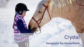  Presentation with horse - Amazing PPT theme having little girl with horse outdoor backdrop and a sky blue colored foreground