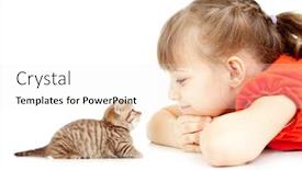  Presentation with kitten - Colorful slide set enhanced with little girl with kitten face to face lying on floor together backdrop and a white colored foreground
