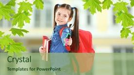 Presentation with school building - PPT theme featuring pack holding books and stationery background and a mint green colored foreground