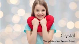  Presentation with charity - Cool new presentation theme with love charity holidays children and people concept - smiling little girl with red heart over lights background backdrop and a lemonade colored foreground