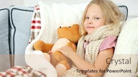  Presentation with sore throat - Amazing presentation design having little girl with sore throat holding toy bear closeup backdrop and a coral colored foreground