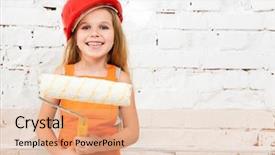  Presentation with paint roller - Cool new PPT layouts with little girl-worker in orange uniform with paint roller in hands backdrop and a lemonade colored foreground