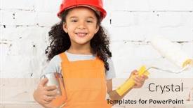  Presentation with paint roller - Colorful PPT layouts enhanced with little girl-worker with paint and roller in hands backdrop and a coral colored foreground