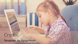  Presentation with wireless internet - Audience pleasing slide set consisting of little girl working on the laptop at home sweet schoolgirl doing homework using wireless internet typing on the computer back to school concept backdrop and a coral colored foreground
