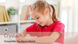  Presentation with writing pen - Beautiful PPT layouts featuring little-girl-writing-in-notebook backdrop and a coral colored foreground